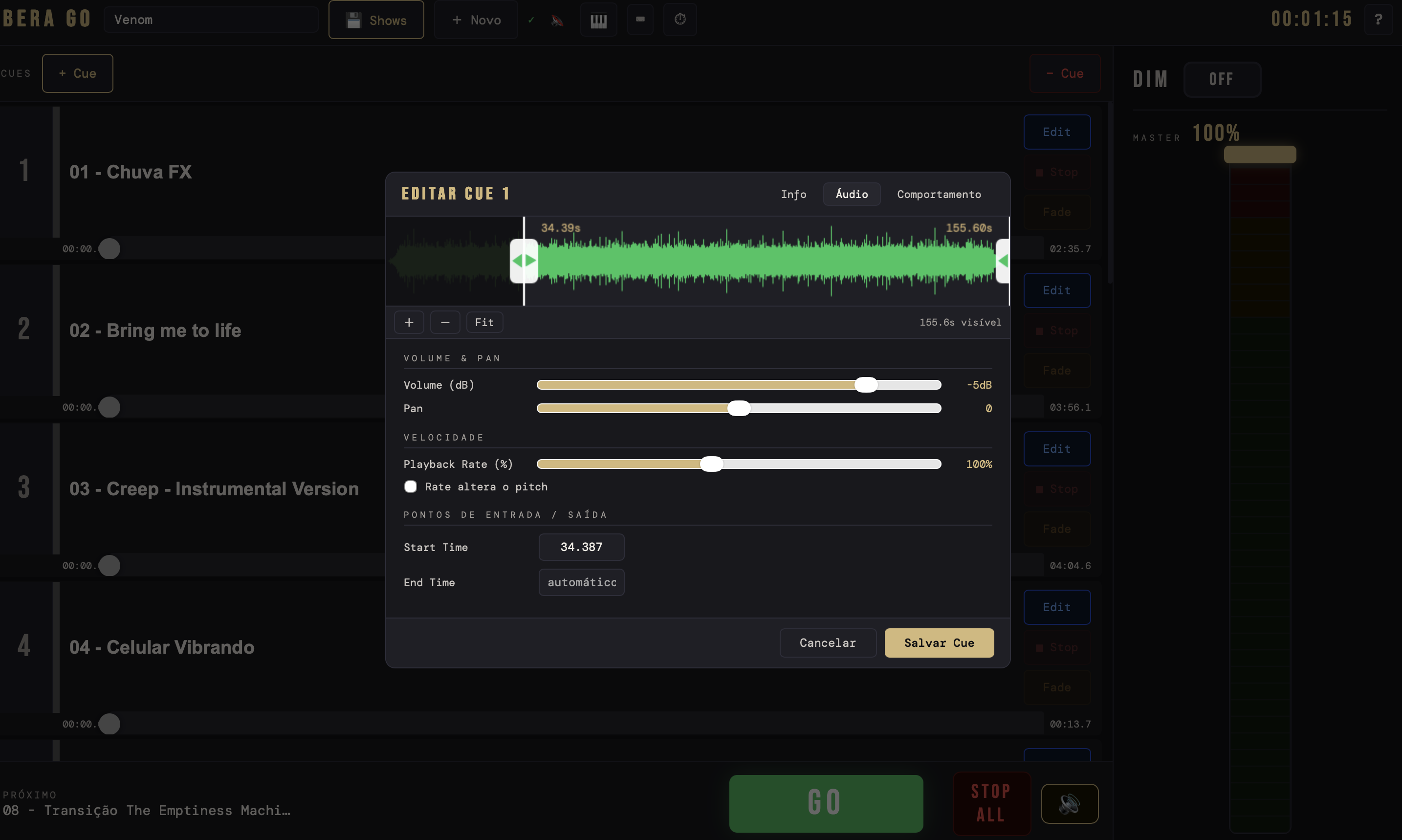 Editar cue — volume, pan e pontos de entrada
