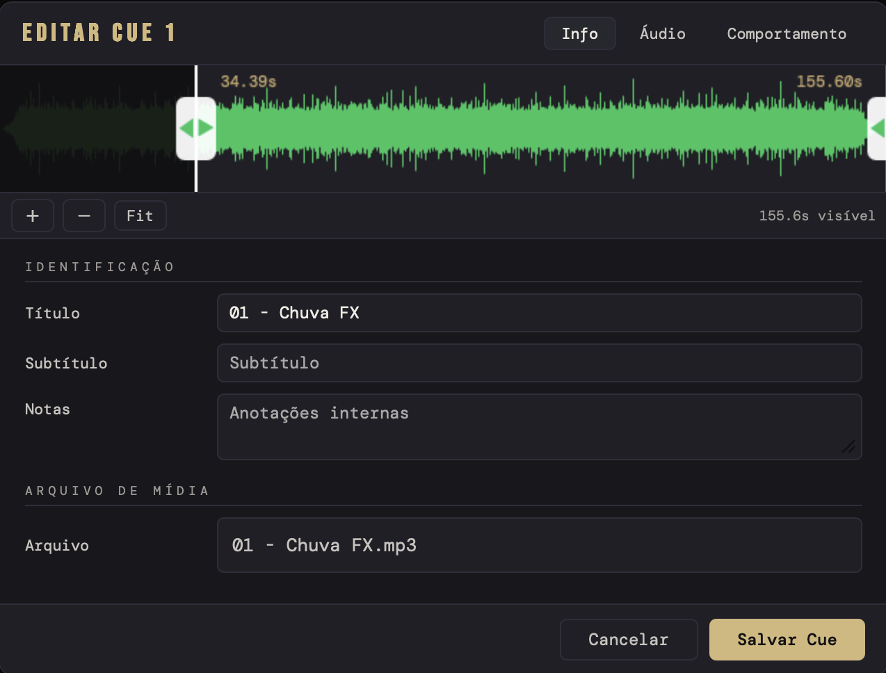 Editar cue — waveform e informações